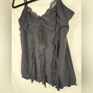 Vanity Black Ruffled Tank with spaghetti straps whimsy goth vintage